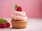 Cupcake with rasberries close up, trendy light pink background. Cupcake banner, copy space. Vanilla raspberry cupcake with ligth