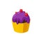 Cupcake with raspberry and violet icing. Fairy cake in paper cup. Tasty dessert with colored frosting. Vector