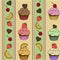 Cupcake seamless pattern. Strawberry, chocolate lemon mint taste. Yellow turquoise pink brown color. Vector