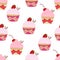 Cupcake seamless pattern, vector background. Cakes with pink fruit cream, with a cherry and strawberries on top on a white backdro