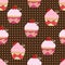 Cupcake seamless pattern, vector background. Cakes with pink fruit cream, with a cherry on top and waffles on a brown backdrop wit