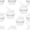 Cupcake seamless pattern, vector outline illustration, coloring, contour black and white drawing. Cakes with cream and with a cher