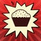 Cupcake sign. Vector. Dark red icon in lemon chiffon shutter bubble at red popart background with rays. Illustration.