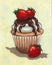 Cupcake with Strawberries, Chocolate, Painting, Food Art