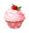 Cupcake. Sweet homemade dessert, cherry muffin with cream, sweet sugar pink cake, single realistic vector isolated