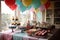 cupcake-themed party, with balloons and banners, for a special birthday