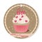 Cupcake with vanilla cream and pink sugar lettering and hearts for Valentines day. Greeting card, tag or sticker for