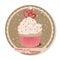 Cupcake with vanilla cream and sugar hearts for Valentines day. Greeting card, tag or sticker for Sweet Valentine