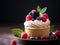 Cupcake with whipped cream and fresh raspberries, blueberries and blackberries on plate over dark background, close up. Vanilla