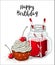 Cupcake with white cream and cherry and glass jar with red beverage and straw on white background, illustration