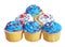 Cupcakes with blue and white cream on the top. patriotic decorated, isolated