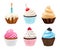 Cupcakes desserts. Sweets muffins with cream and chocolate cakes vector realistic pictures collection