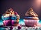 Cupcakes with frosting in a fairy tale world, artificial intelligence, colorful, pastry shop, sweets, dessert, AI Generated