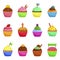 Cupcakes icons set. Muffins decorated with cookie, sprinkles,, flag, berries, candle, stars.