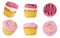 Cupcakes isolated. Set of cakes with pink cream and different side view isolated on white background, sweet dessert