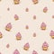 Cupcakes with pink cream Hand drawn sketch on pink background.seamless pattern vector
