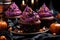 Cupcakes with purple frosting and witches hats. Generative AI image. Spooky Halloween dessert.