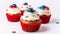 Cupcakes with red, white, blue frosting. AI generative sweets for Independence day, Fourth of July.