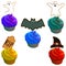 Cupcakes with red, yellow, green, purple cream. Cupcakes with biscuits in the form of bat, gravestone, witch hats. Set