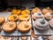 Cupcakes in restaurant display window.