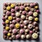 Cupcakes from top view, close up food photography, a lot of food neatly laid out on a table, created with Generative AI technology