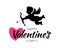Cupid black silhouette with bow and arrow heart on white background. Valentines Day design. Flying Angel. Amur. Vector