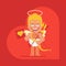 Cupid holds valentine and smiles. Cartoon character. Valentine card