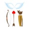 Cupid weapons set . Bow and arrow with heart. Quiver with arrows