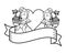 Cupids with harps and blank ribbon banner in black and white