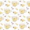 Cups of apple tea and apple slices seamless pattern. Vector template for print and design.