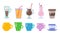 Cups coffee, cocoa, tea, mugs, glass colorful set