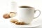 Cups of coffee with cookies and saucer on white