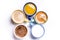 Cups of coffee, milk, juice, cappuccino. Isolated on a white background. Colorful cups. Glasses placed in a circle. Energy