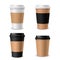 Cups coffee paper. Realistic takeaway cup with plastic cap, blank brown white and black container with lid for morning