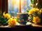 Cups of coffee on the table. There is a bouquet of yellow flowers in the room. The room is filled with warm sunlight