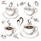 Cups of coffee or tea with saucer and lettering isolated on white. coffee love hand drawn sketch. Engraved vector