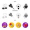 Cups with coffee, valentine, lamp, lock with key. Romantic set collection icons in black, flat, monochrome style vector