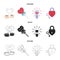 Cups with coffee, valentine, lamp, lock with key. Romantic set collection icons in cartoon,black,outline style vector