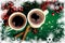 Cups of fragrant coffee on a Christmas background