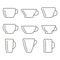 Cups linear icons. Set of differently shaped cups. Dishes for tea and coffee.