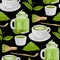 Cups of match tea and coffee surrounded by green powder, whisk, wooden stick and leaves.