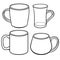 Cups and mugs for tea of different shapes. A set of templates. Line drawing. For coloring