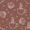 Cups with steaming coffee, muffins and coffee beans on a brown background. Seamless pattern.
