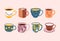 Cups of tea and coffee drinks. A collection of various ceramic mugs with trendy ornaments. Stock vector illustration bright colors