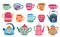 Cups and teapot. Scandinavian kitchen cup, trendy colored coffee mug kettles. Floral ornaments crockery, breakfast