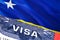 Curacao Visa Document, with Curacao flag in background. Curacao flag with Close up text VISA on USA visa stamp in passport,3D
