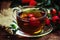 Curative tea with rosehip, folk medicine, Vintage wood backgroun