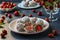 Curd balls with coconut shavings, strawberries and chocolate chip cookies located on a dark background, horizontal