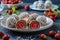 Curd balls with coconut shavings, strawberries and chocolate chip cookies located on a dark background, horizontal