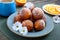 Curd balls fries on breakfast. Freshly made donuts with powdered sugar.  Dessert from the cottage cheese